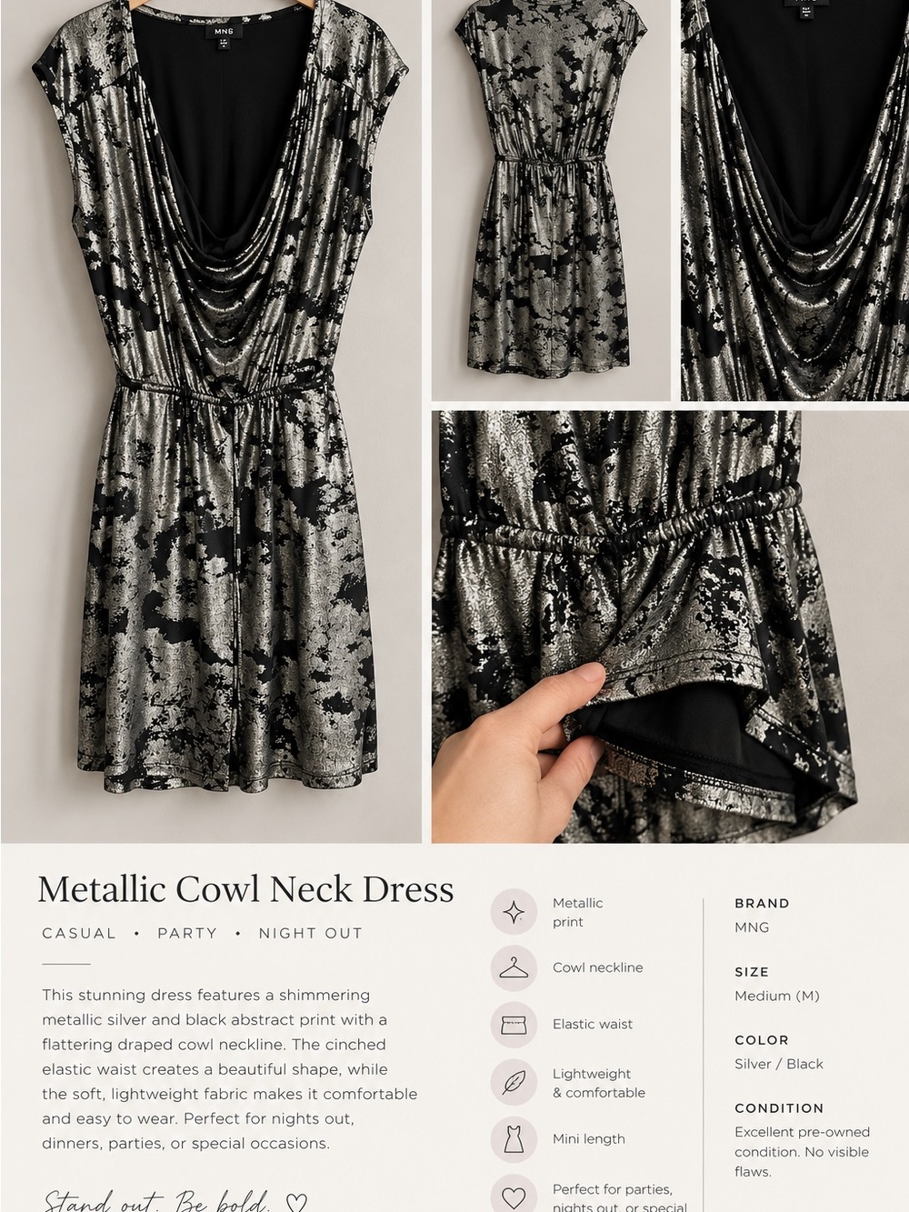 Metallic Silver & Black Cowl Neck Dress